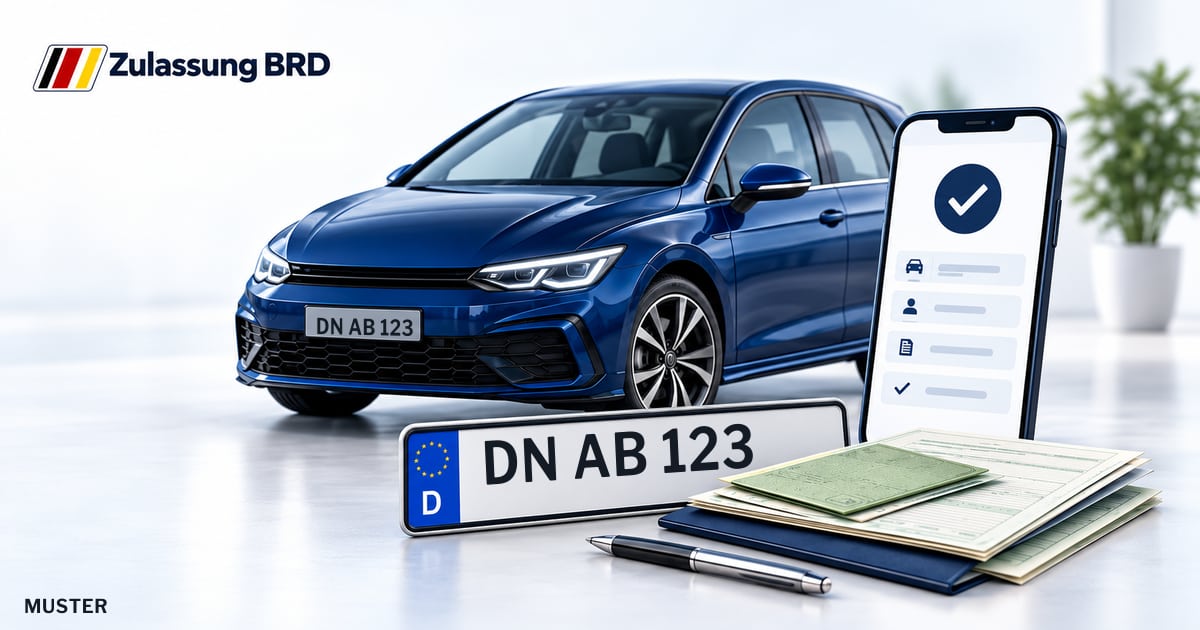 Online Fahrzeugzulassung in Kreuzau: Musterkennzeichen DN AB 123, Auto und Fahrzeugpapiere und Smartphone. Illustration mit Logo von Zulassung BRD.